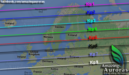 Mappa dell'aurora_in Islanda è visibile da KP2 nel Nord e da KP3 nel Sud